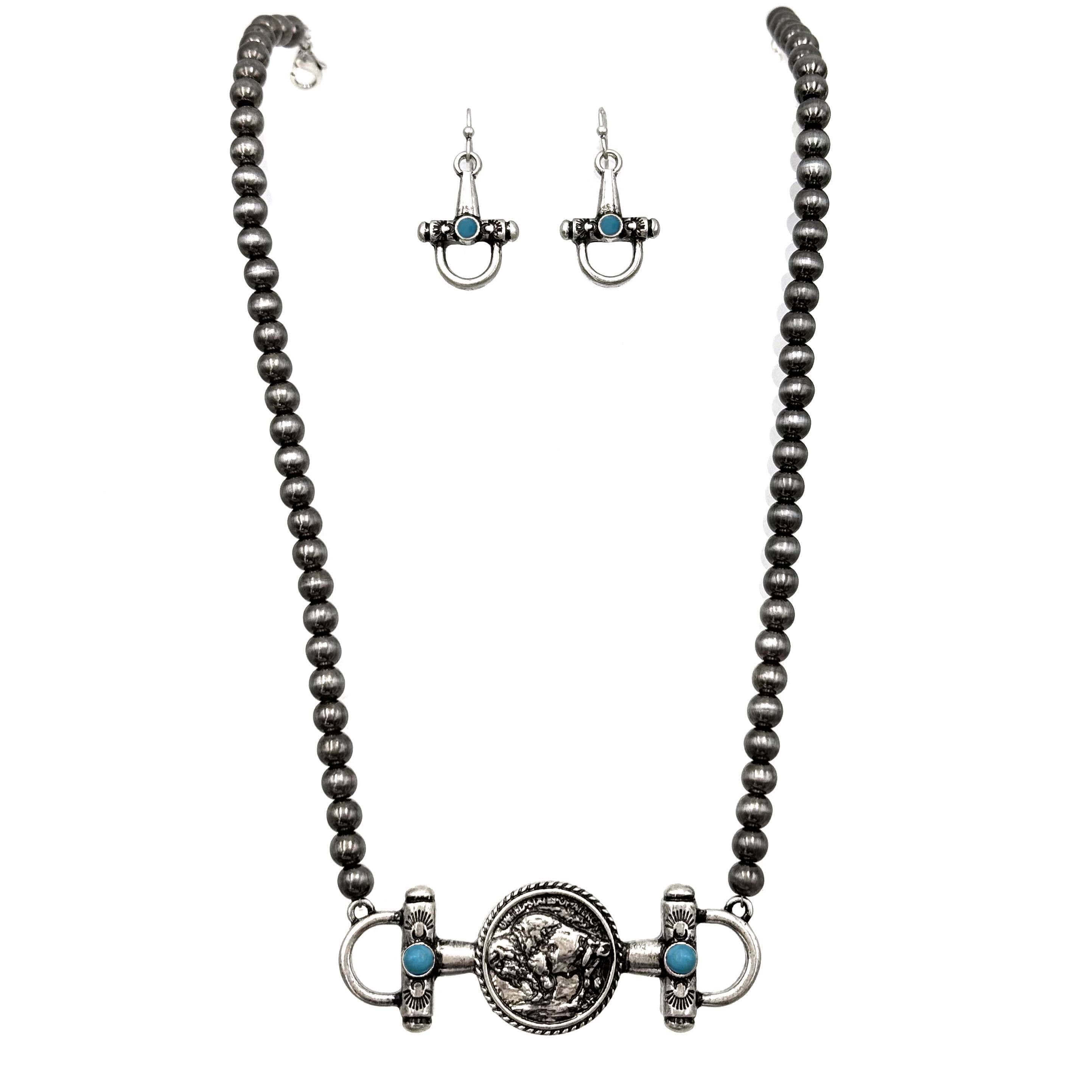 Horsebit Buffalo Coin Western Necklace Earrings Set