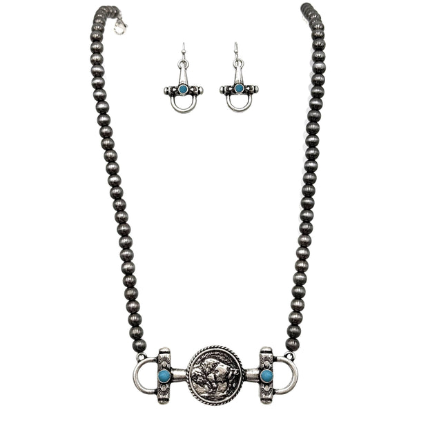 Horsebit Buffalo Coin Western Necklace Earrings Set