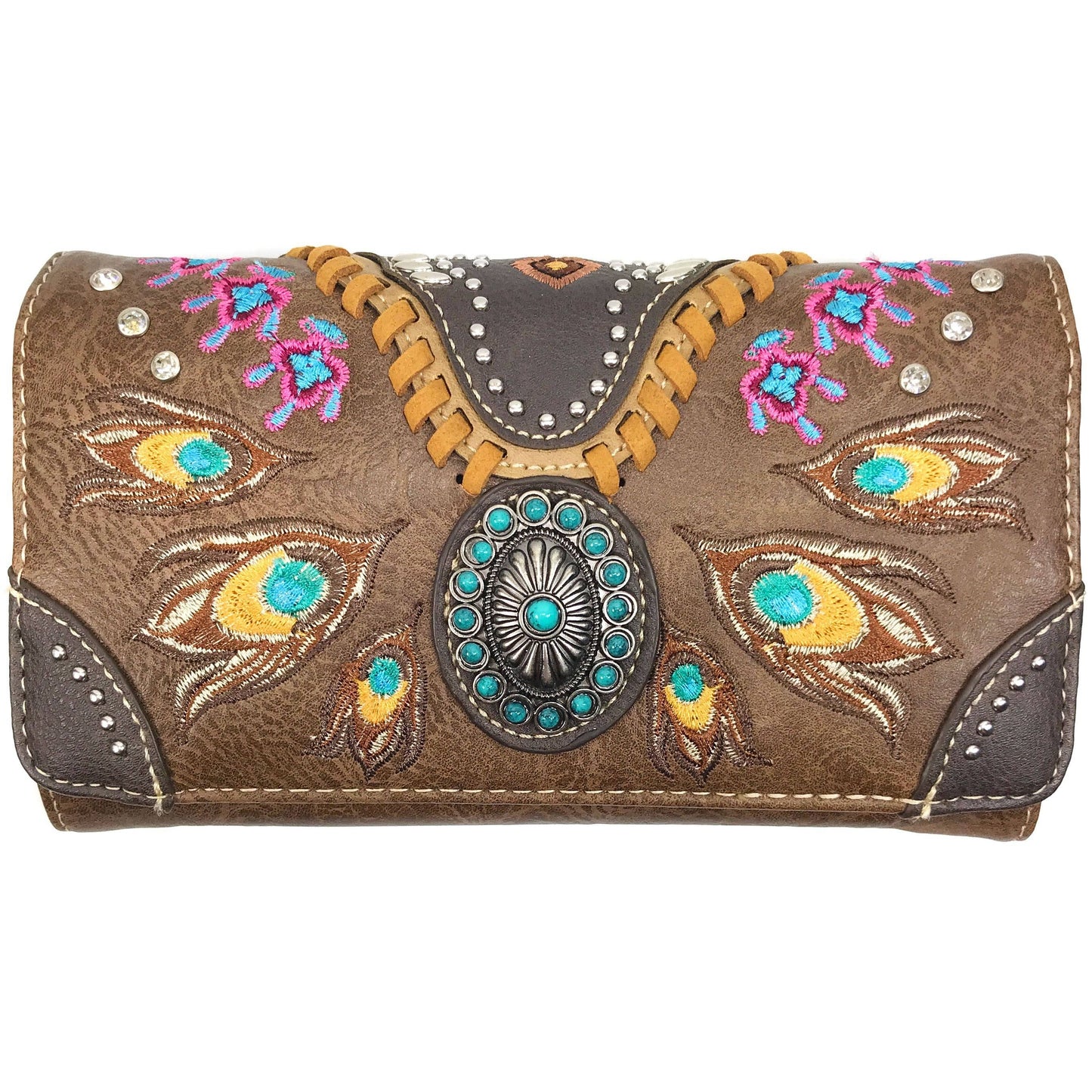 Turquoise Concho Feathers Embroidery Crossbody Wallet