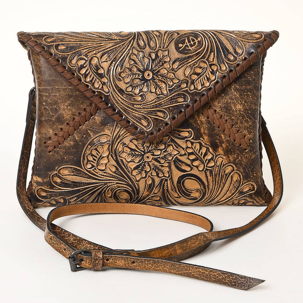 Hand-Tooled Floral Leather Envelope Purse, Multiple Colors