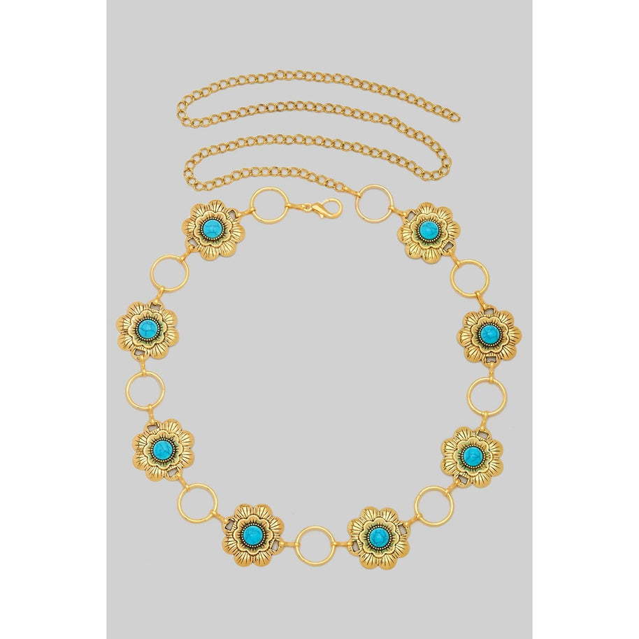 Flower & Turquoise Concho Belt, Gold