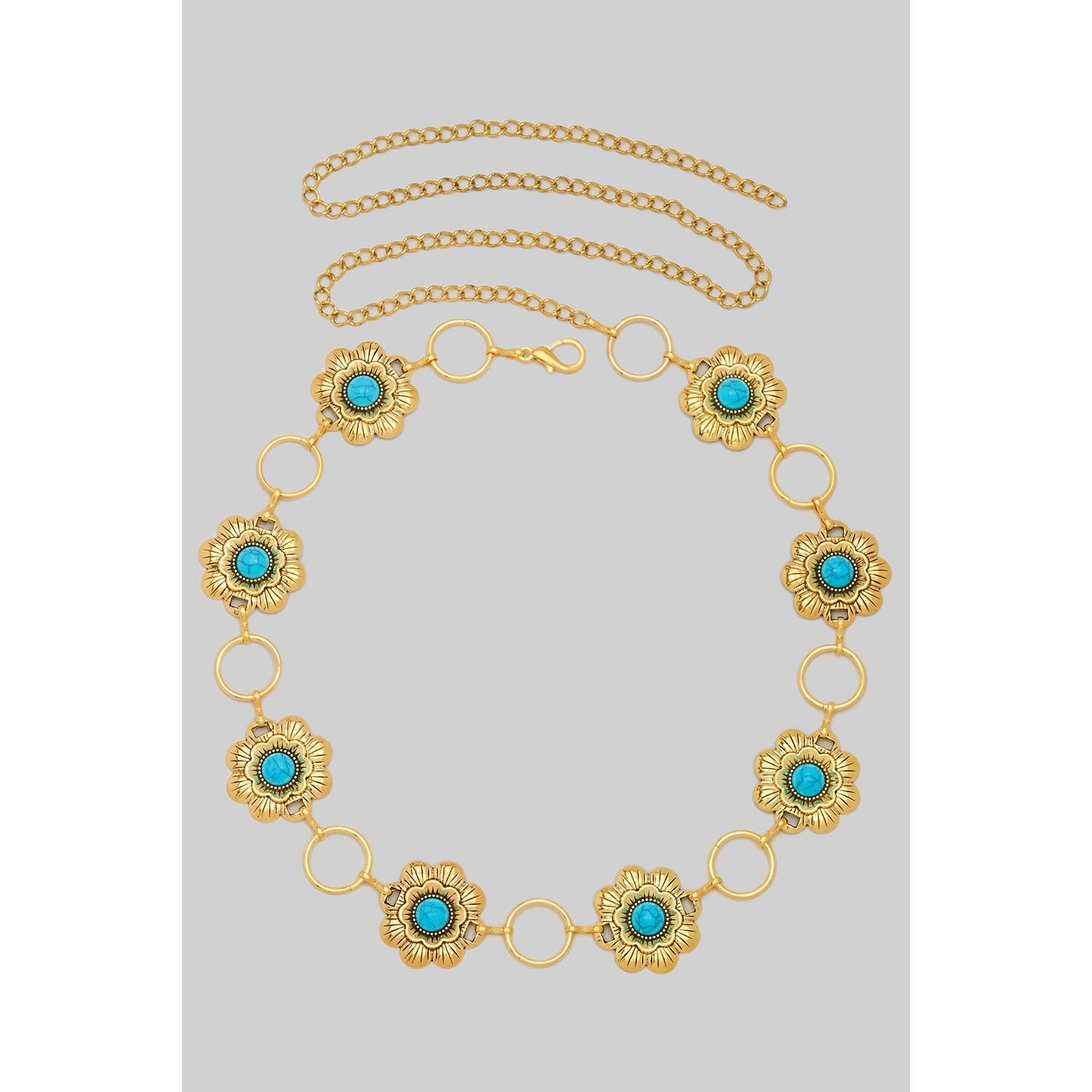 Flower & Turquoise Concho Belt, Gold