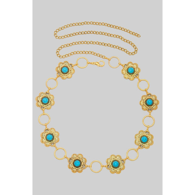 Flower & Turquoise Concho Belt, Gold