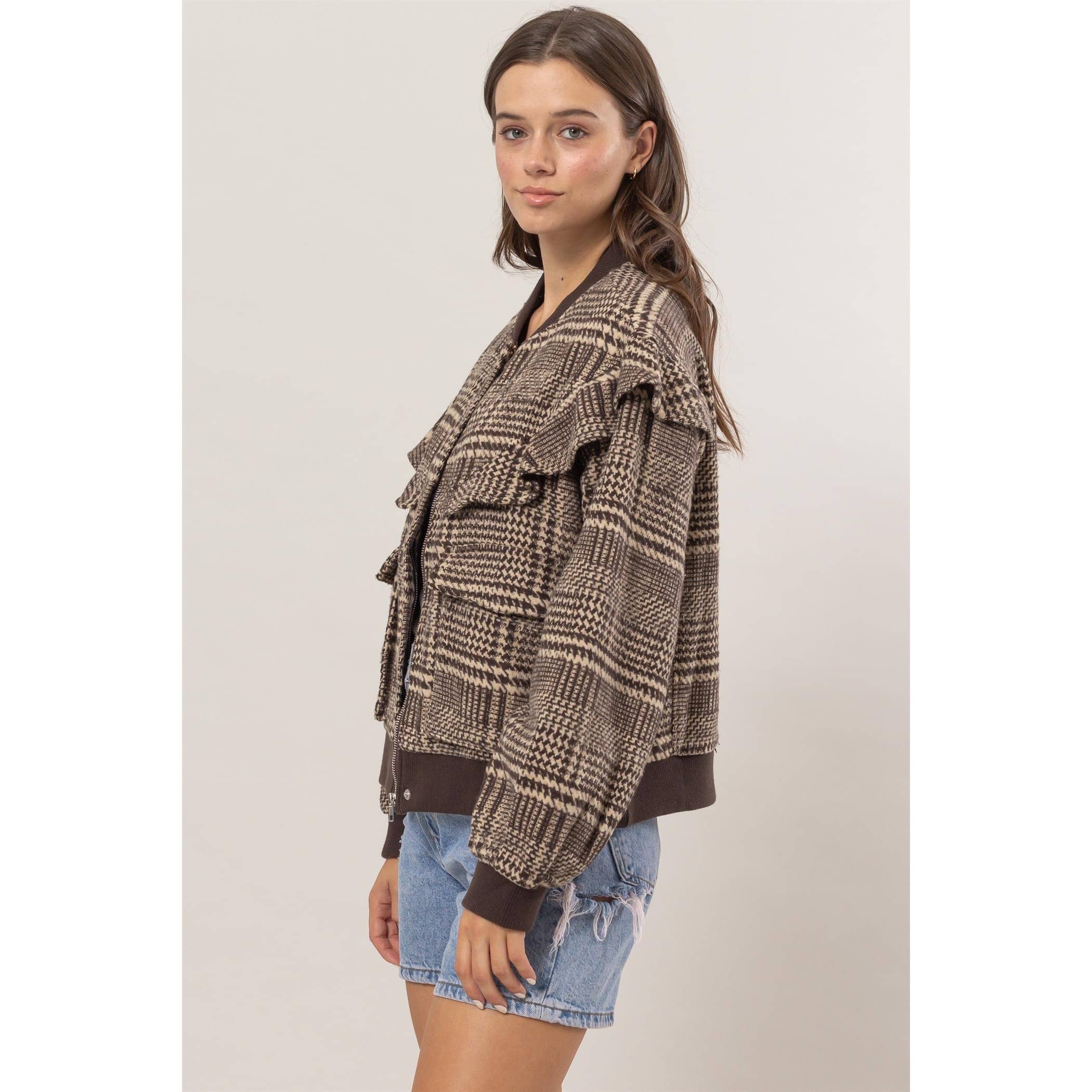 Plaid Ruffle Bomber Jacket