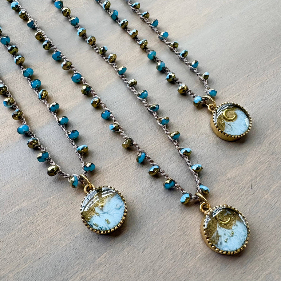 Rising Moon Mountain Portal Pendant And Crocheted Crystal Necklace