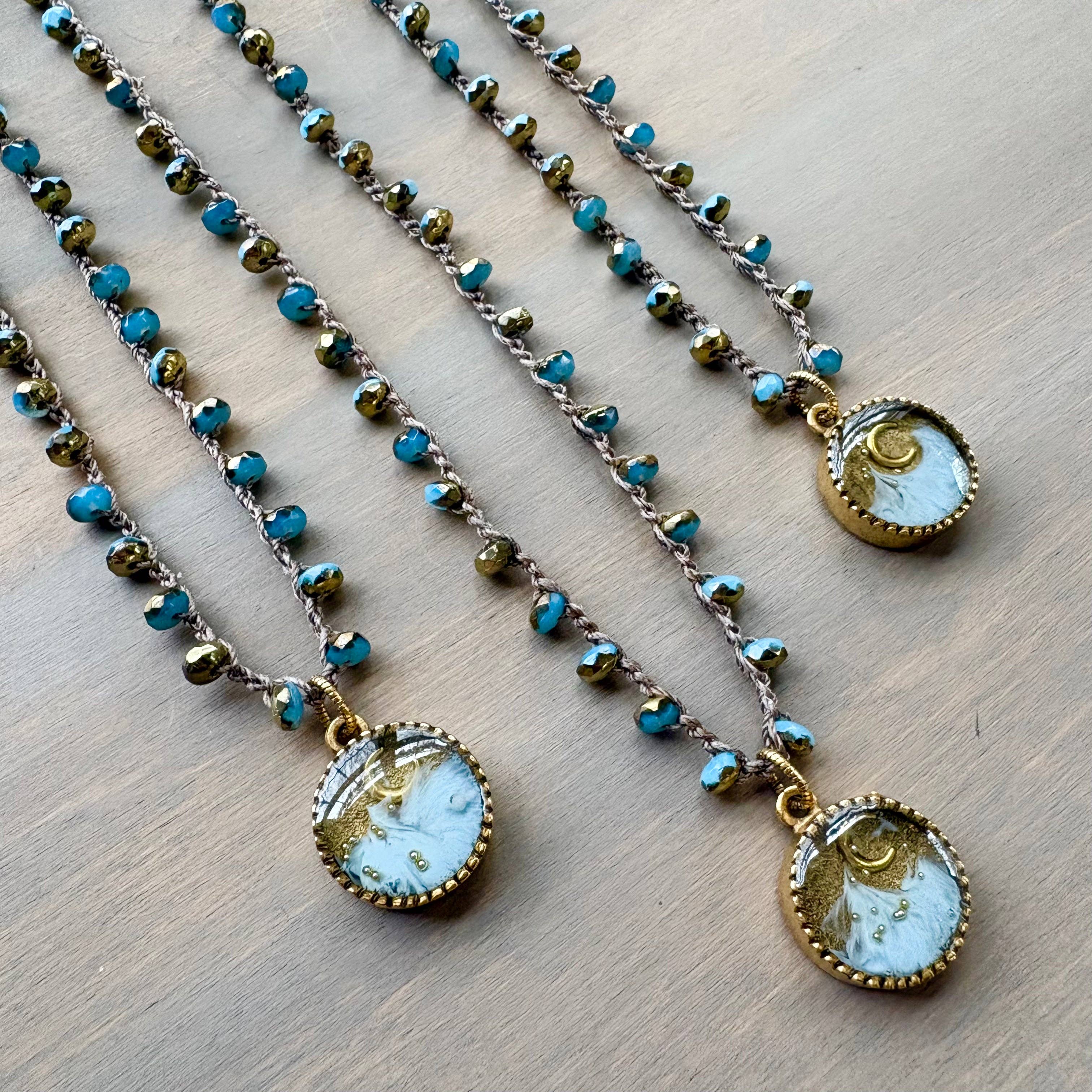 Rising Moon Mountain Portal Pendant And Crocheted Crystal Necklace