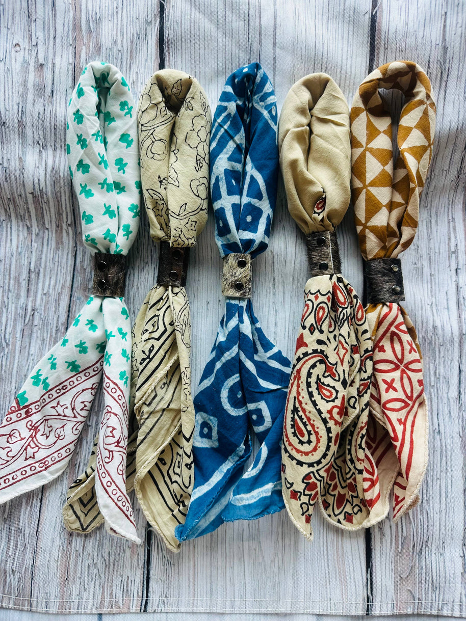 Boho Bandanas With Cowhide Leather Slides