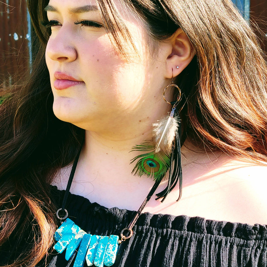 Brown Deer Skin Leather Tassel Earrings with Peacock Feather