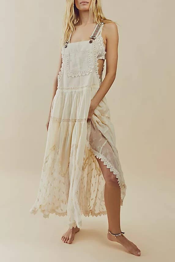 Bohemian Flowy Lace tiered Bib Maxi Dress