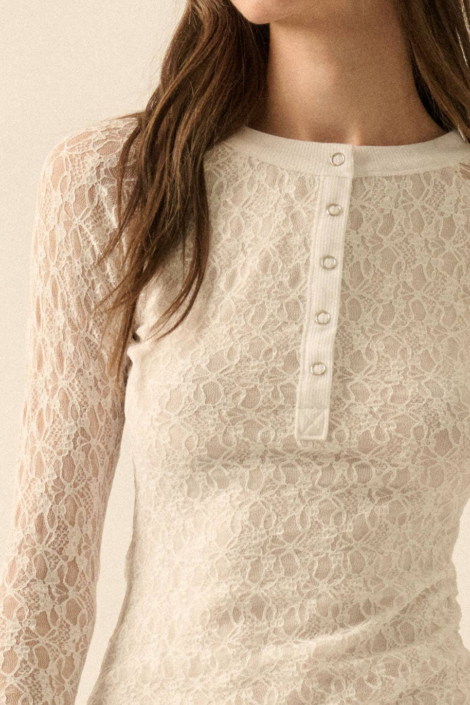 Lace Raglan-Sleeve Henley Top, White