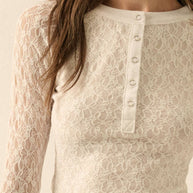 Lace Raglan-Sleeve Henley Top, White