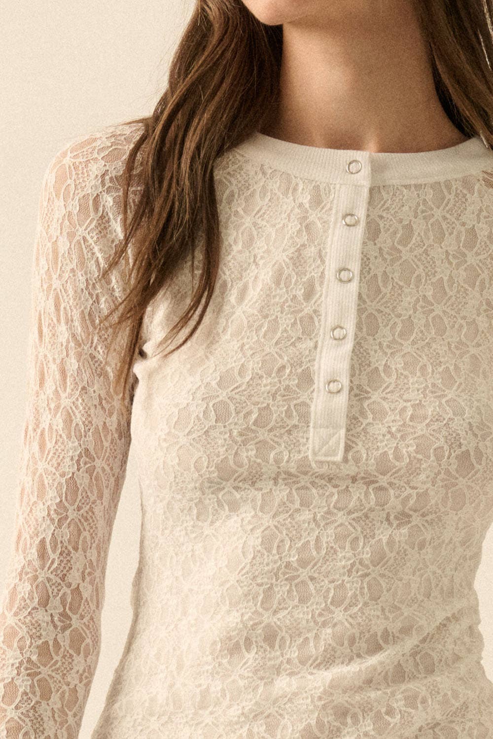 Lace Raglan-Sleeve Henley Top, White