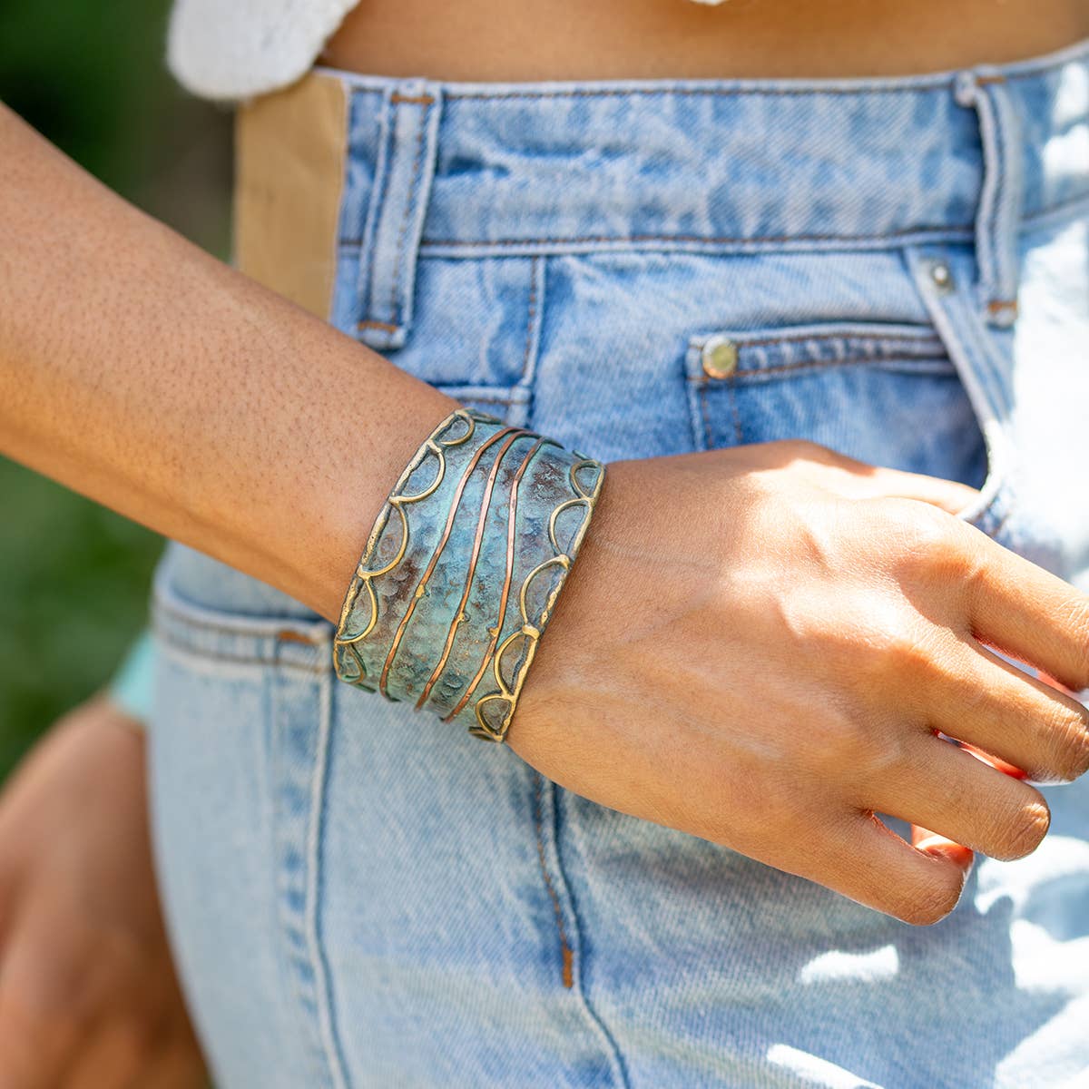 Brass Patina Cuff Bracelet - Rustic Blue Rushing River