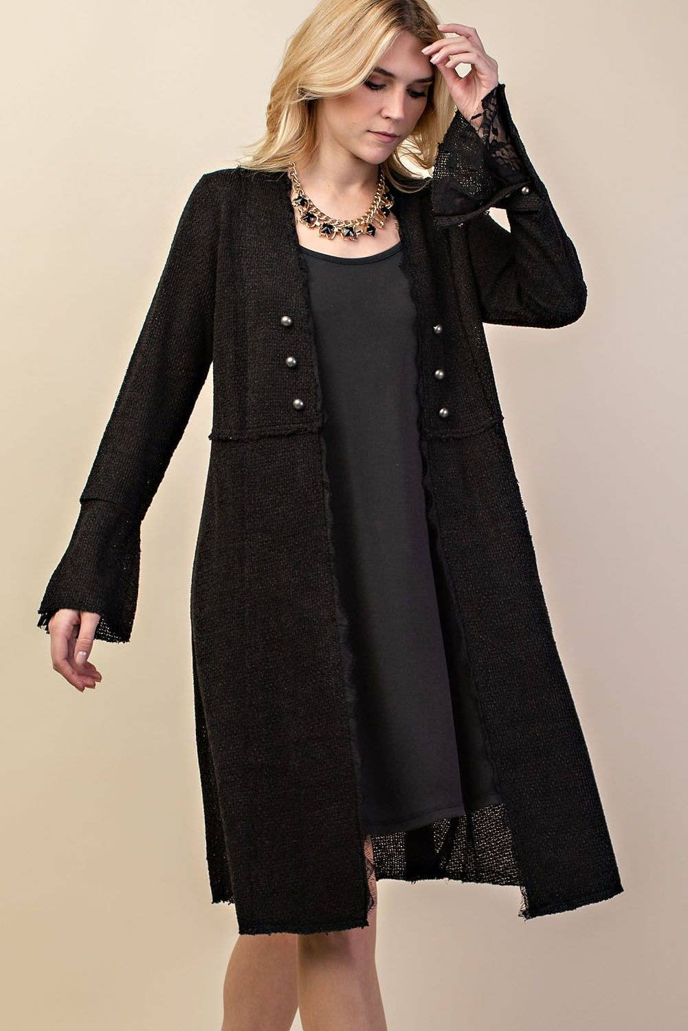 Knit Long Jacket / Cardigan With Buttons and Bell Sleeves, S-3X