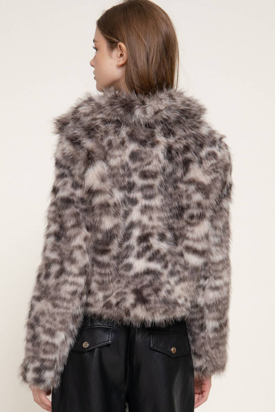 Long Sleeve Notched Collar Printed Faux Fur Jacket