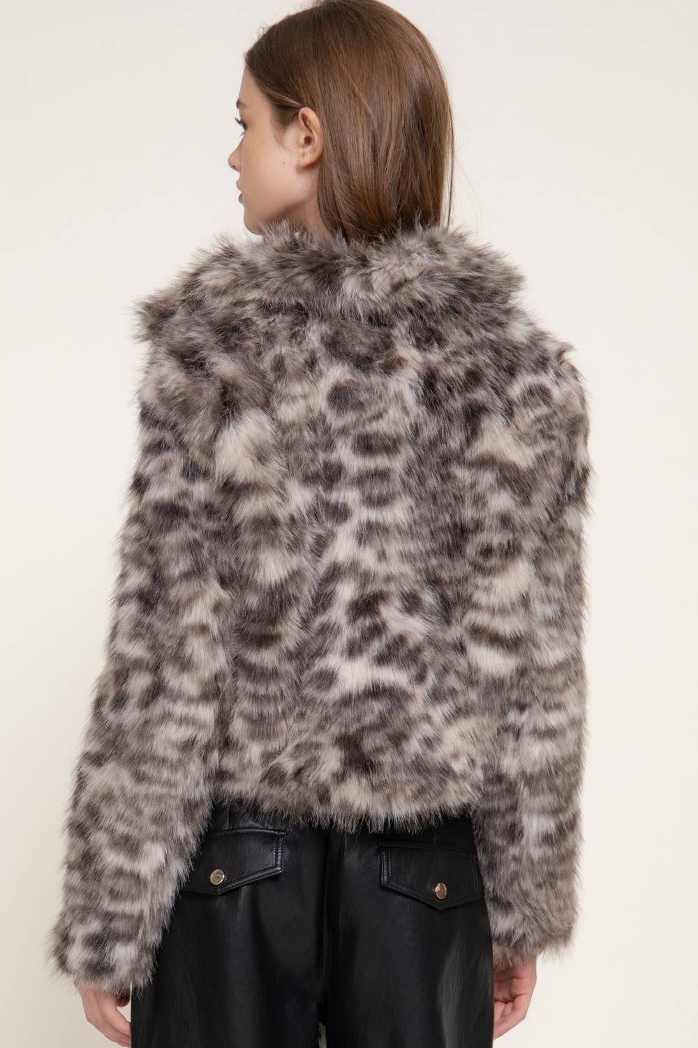 Long Sleeve Notched Collar Printed Faux Fur Jacket