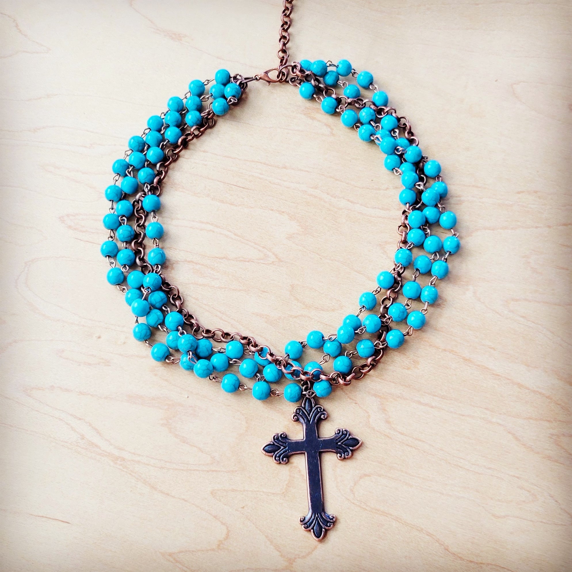 Blue Turquoise Beaded Collar Necklace w/ Cross Pendant 260y