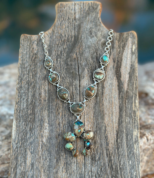 Handmade Royston Ribbon Turquoise Naja & Sterling Silver Lariat Necklace