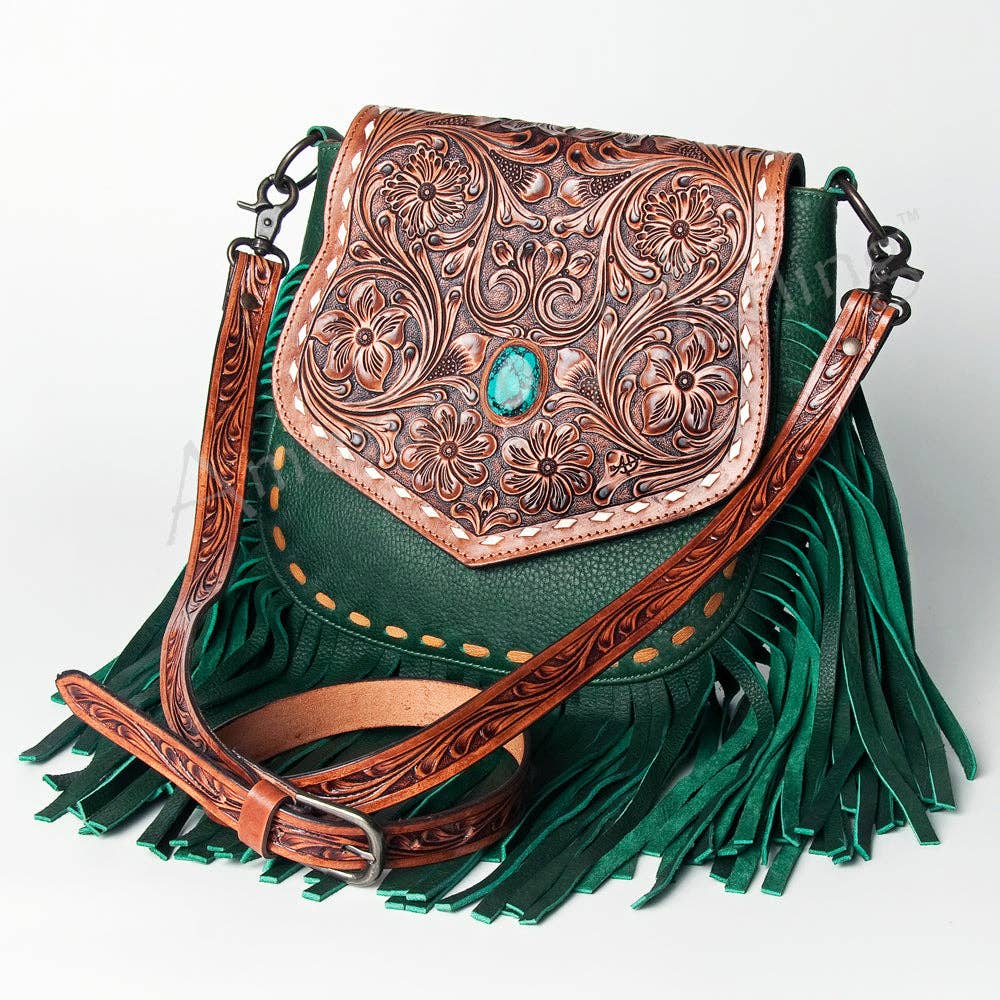 Green Leather Western Fringe Messenger Bag
