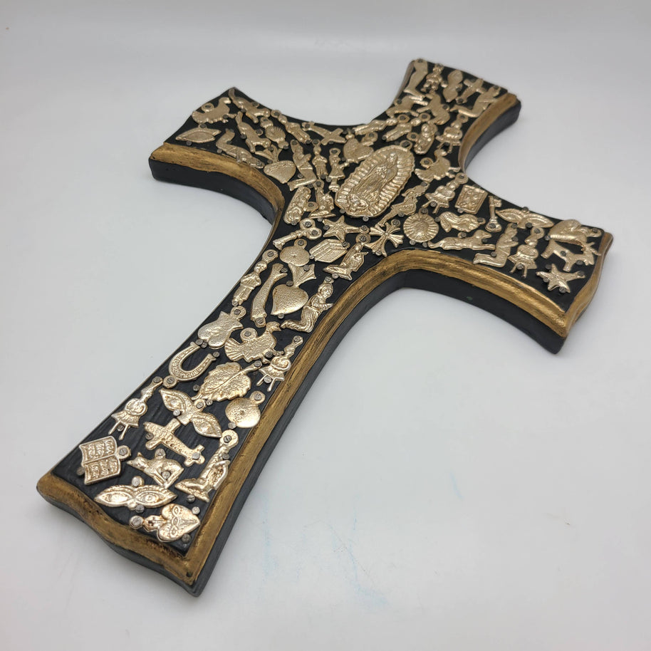 Black & Gold Wall Cross w/ Milagros