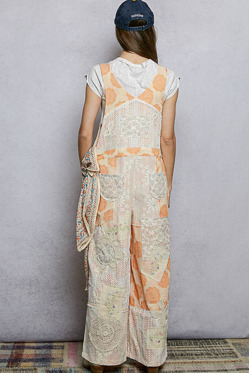 Floral Patchwork Woven Overalls