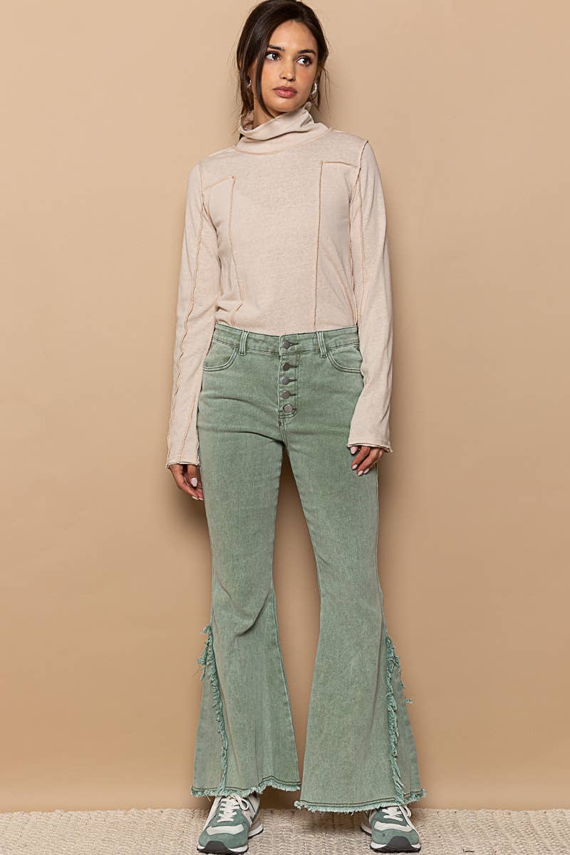 Frayed edge twill flare pants