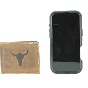 Men’s Bi-Fold Wallet with Bison Skull, Tan