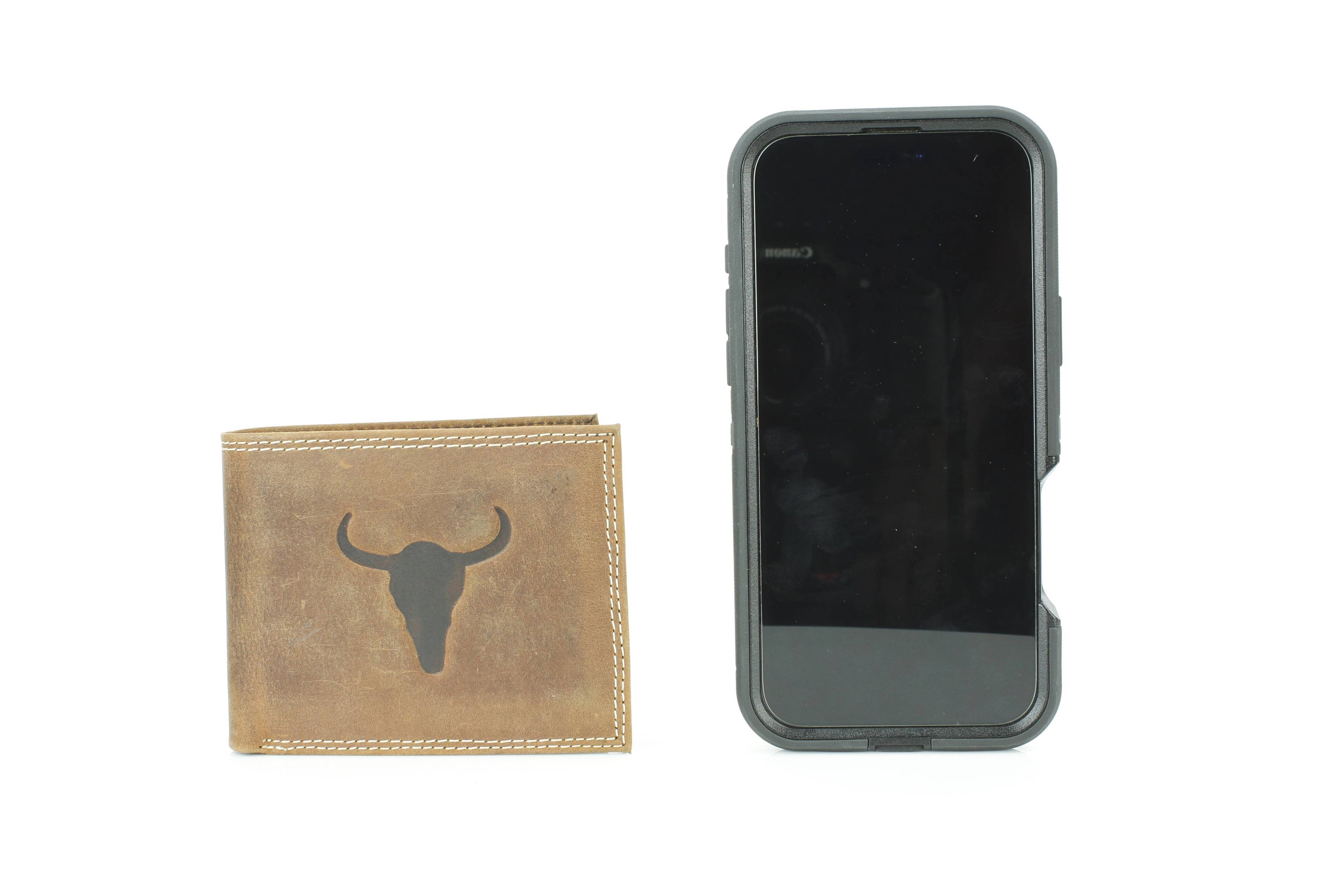 Men’s Bi-Fold Wallet with Bison Skull, Tan
