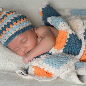 Handmade Granny Square Baby Blanket, Blue & Orange
