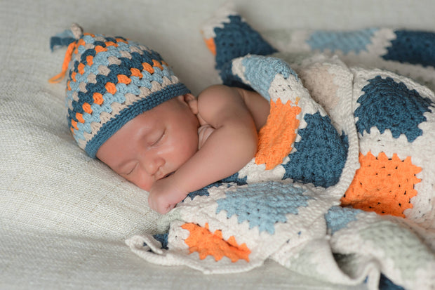 Handmade Granny Square Baby Blanket, Blue & Orange