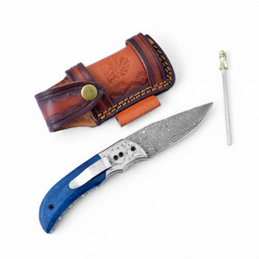 Damascus Steel Folding Knife Dyed Blue Bone