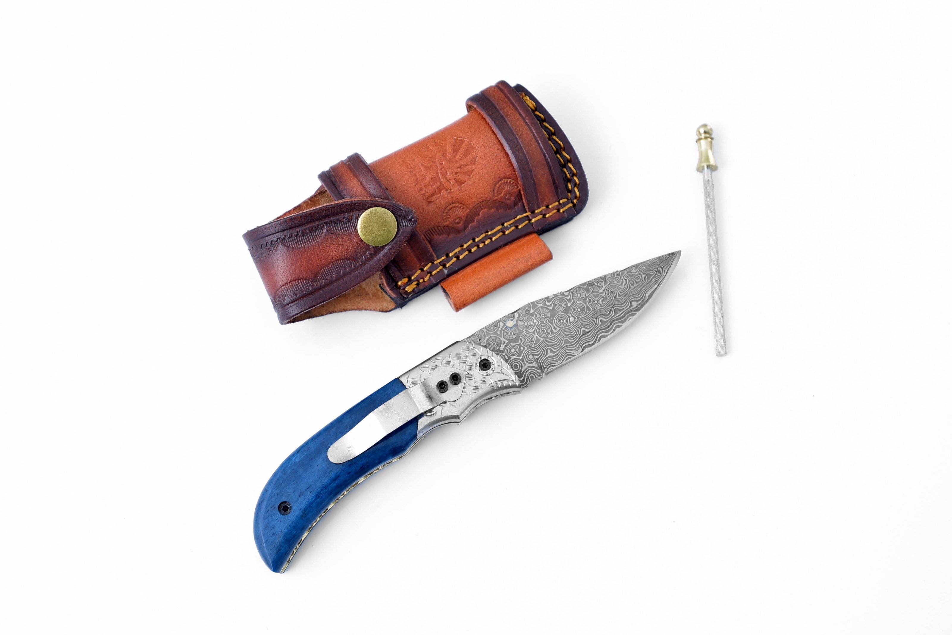 Damascus Steel Folding Knife Dyed Blue Bone
