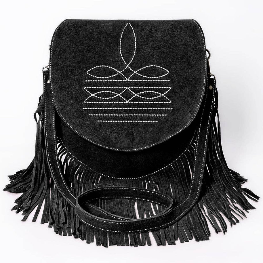 Suede Western Fringe Messenger Bag - White Stitch Design