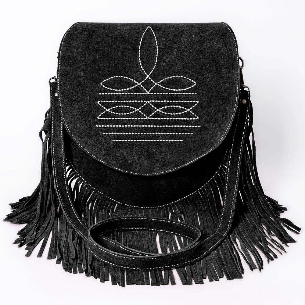 Suede Western Fringe Messenger Bag - White Stitch Design