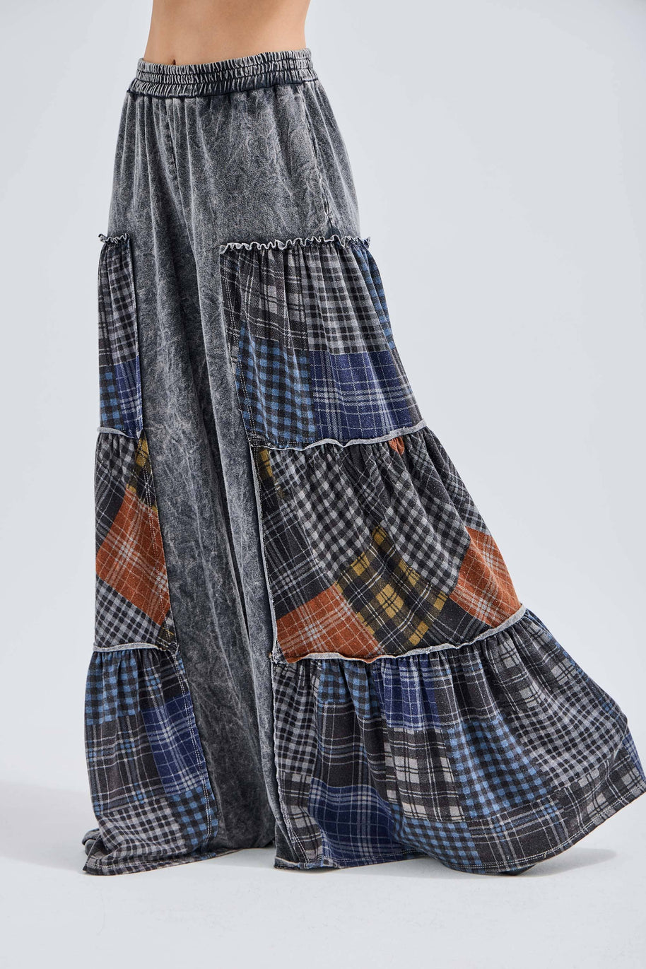 Mineral Washed Tiered Plaid Wide Flare pants HP6675