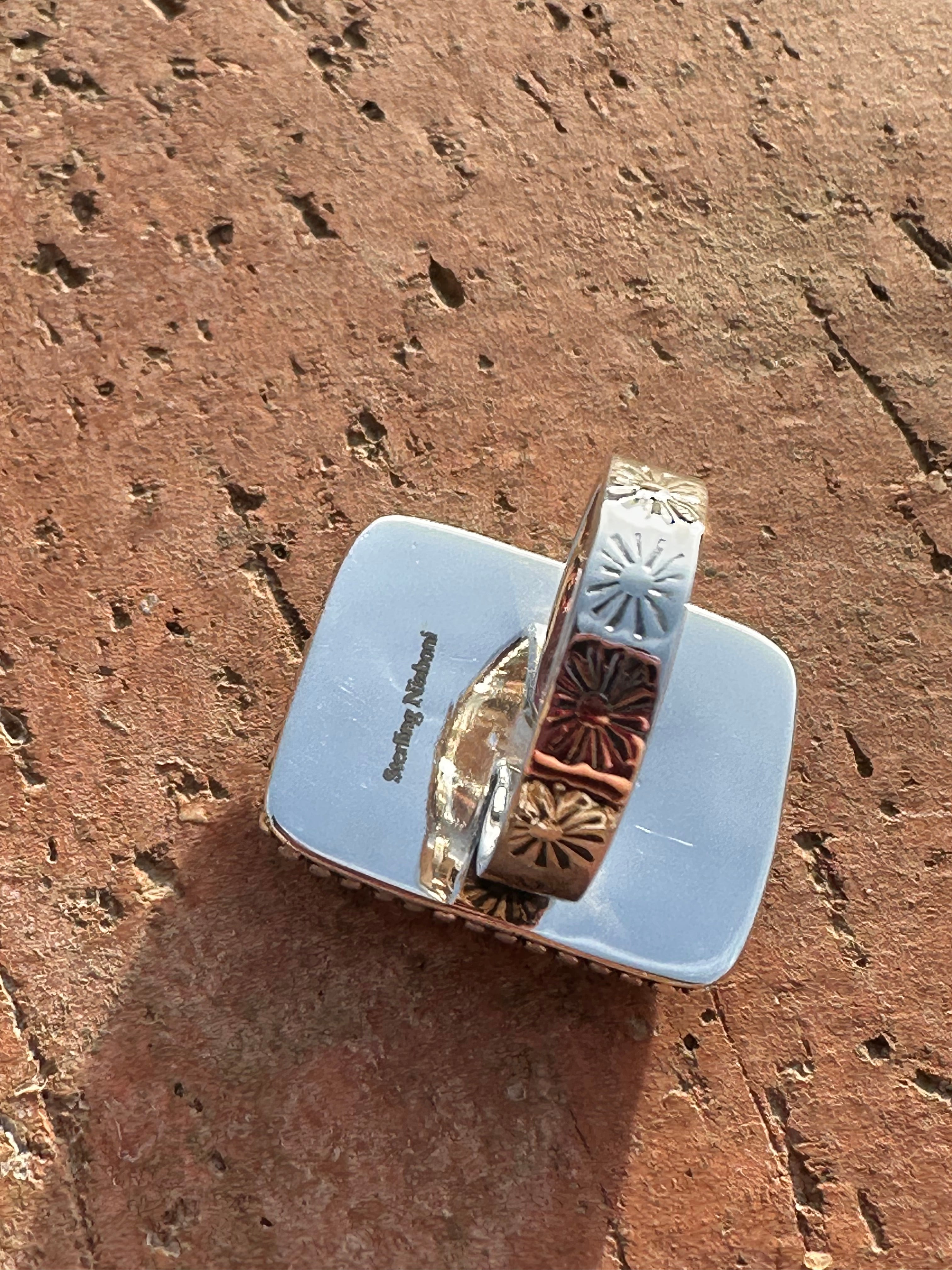 Beautiful Handmade Peacock Dahlia Rectangle Sterling Silver Adjustable Ring