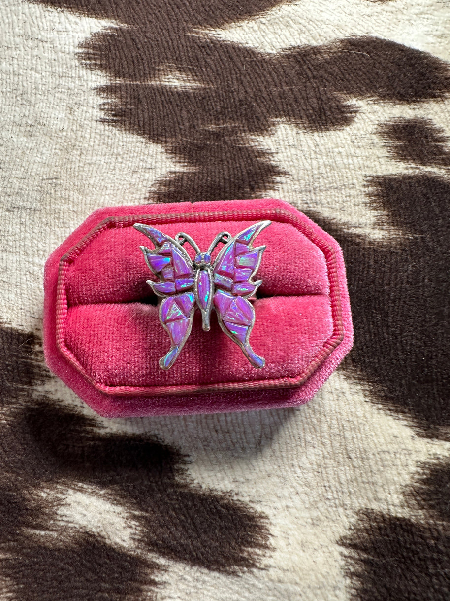 Beautiful Handmade Purple Opal And Sterling Silver Adjustable Butterfly Ring