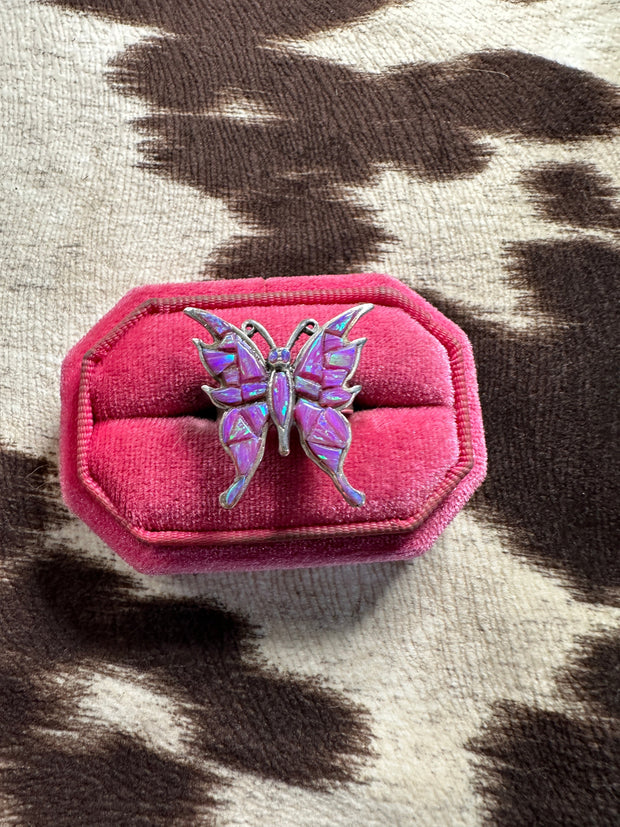 Beautiful Handmade Purple Opal And Sterling Silver Adjustable Butterfly Ring