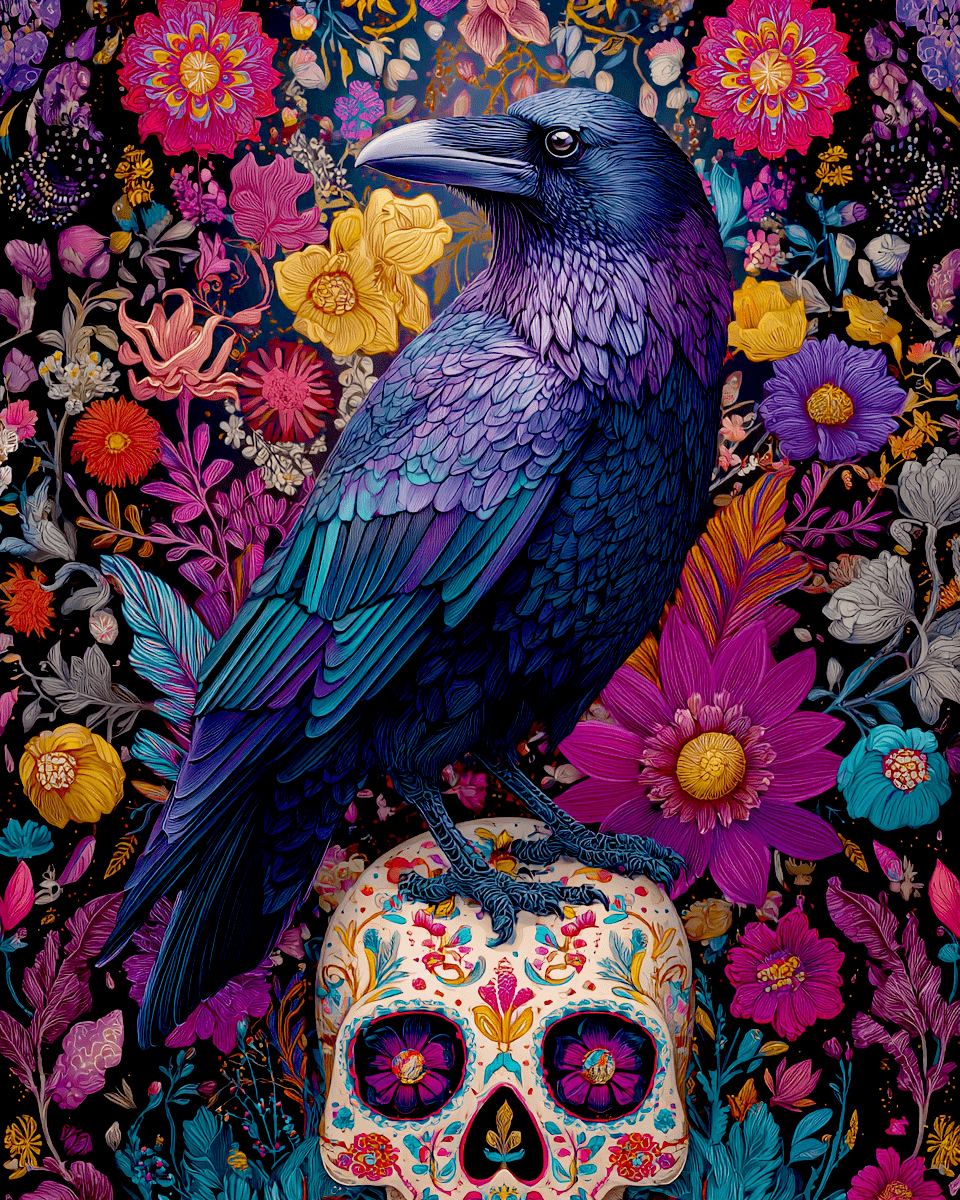 Raven on Calavera Skull Art Print
