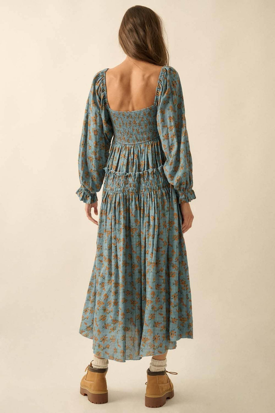 Smocked Floral Bubble-Sleeve Midi Dress, Blue