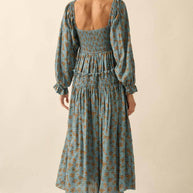 Smocked Floral Bubble-Sleeve Midi Dress, Blue