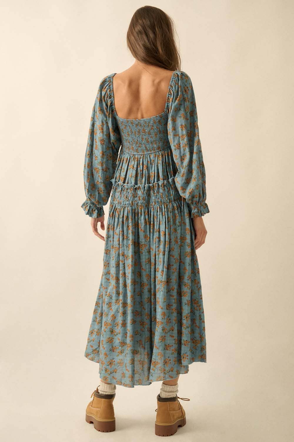Smocked Floral Bubble-Sleeve Midi Dress, Blue