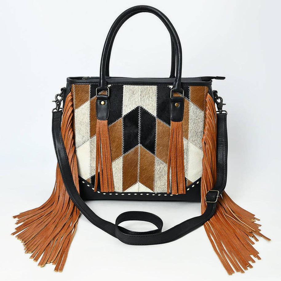 Handmade Western Leather Tote Bag with Hair-On Cowhide & Fringe