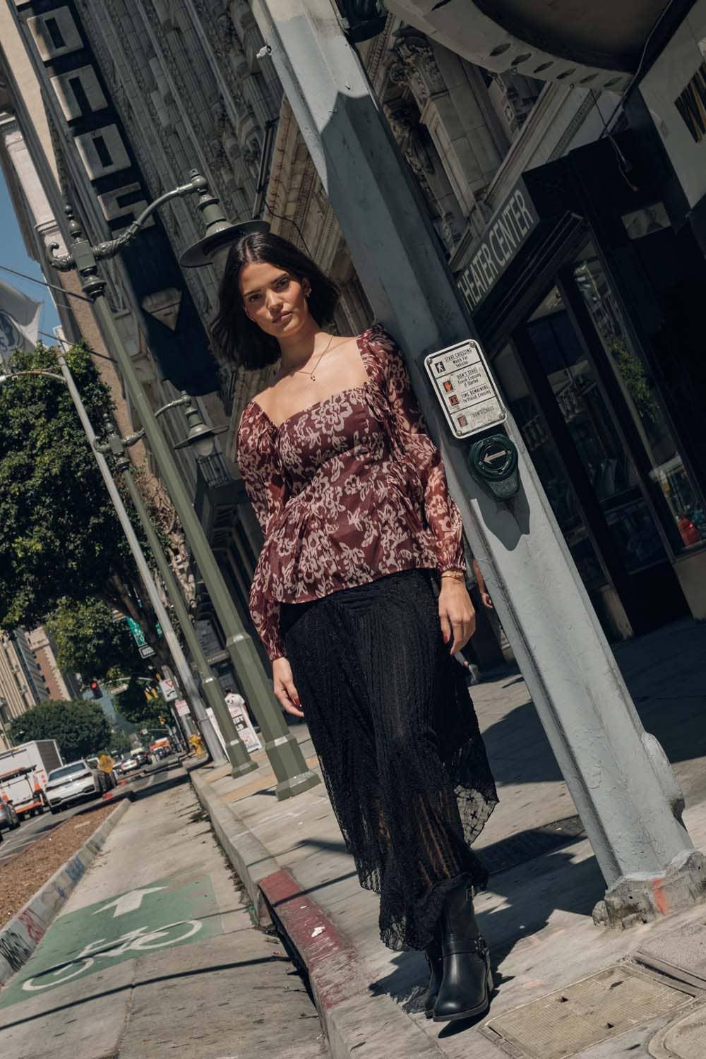 Lace Curved-Hem Midi Skirt, Black