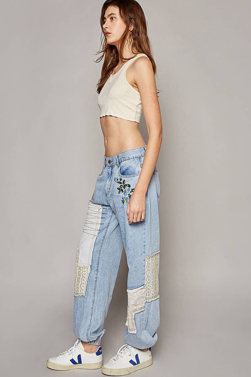 Embroidered Patchwork detail Jogger Pants