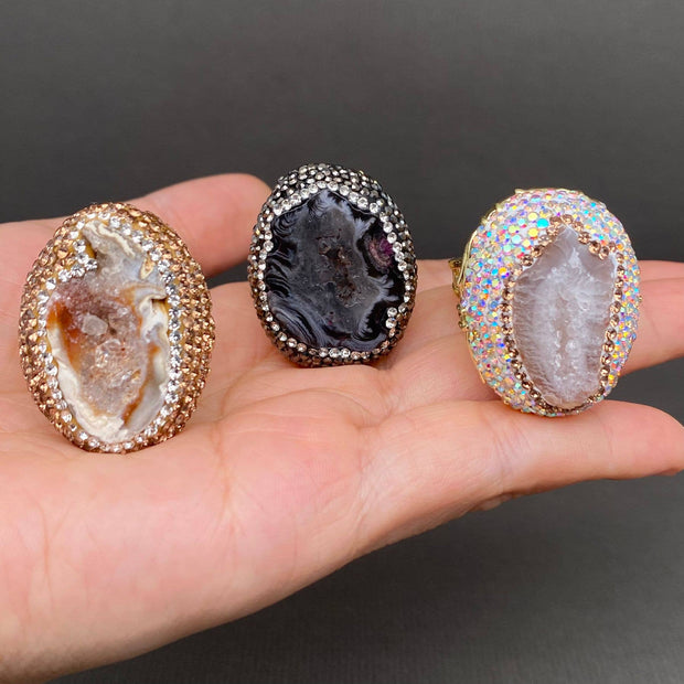 Rhinestone Inlaid Irregular Agate Ring
