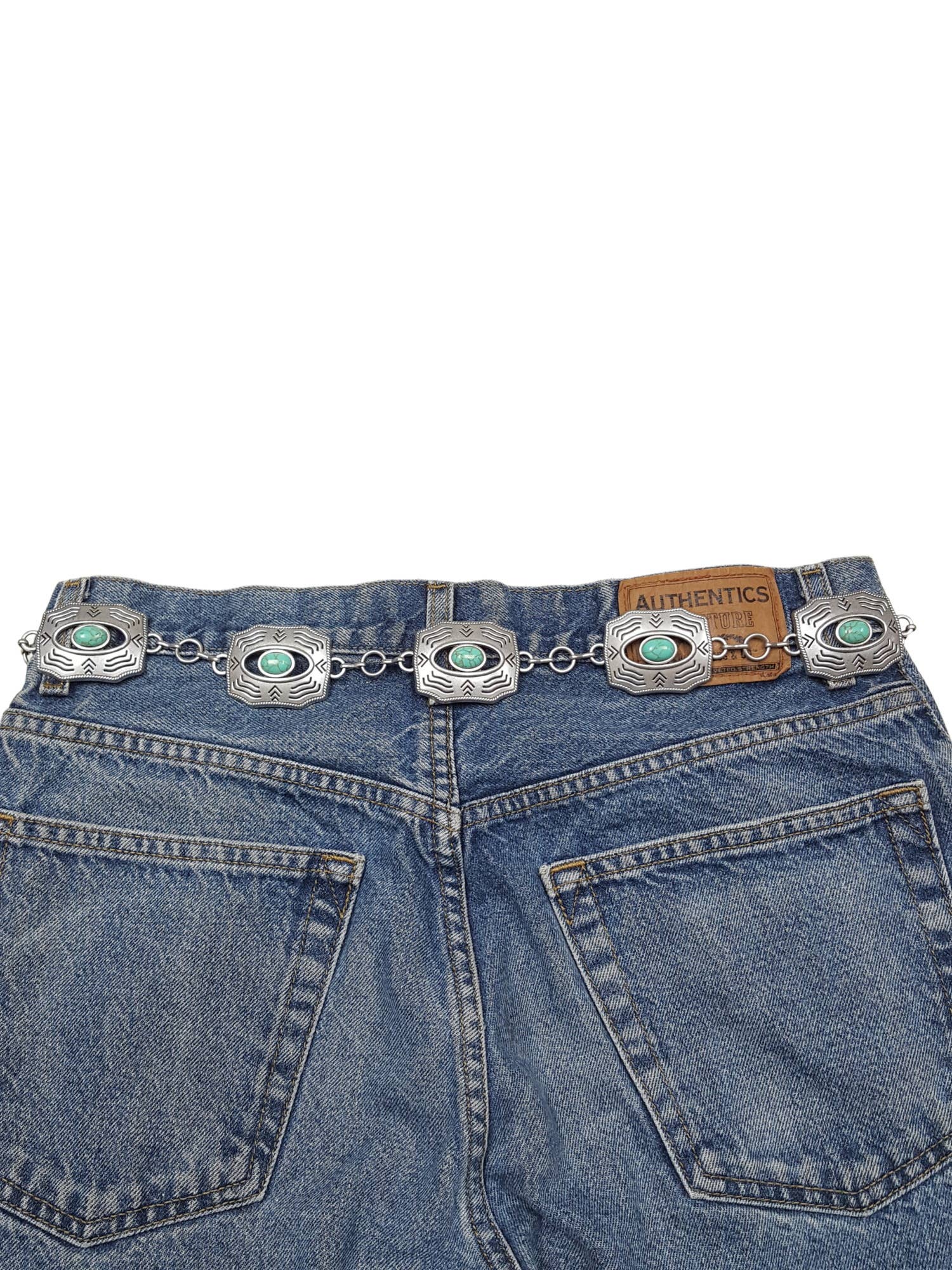 Western Silver Rectangular Concho Chain belt with stones