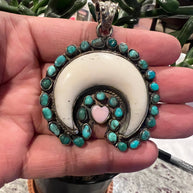 Squash blossom with natural turquoise and pink conch pendant