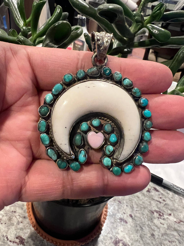Squash blossom with natural turquoise and pink conch pendant