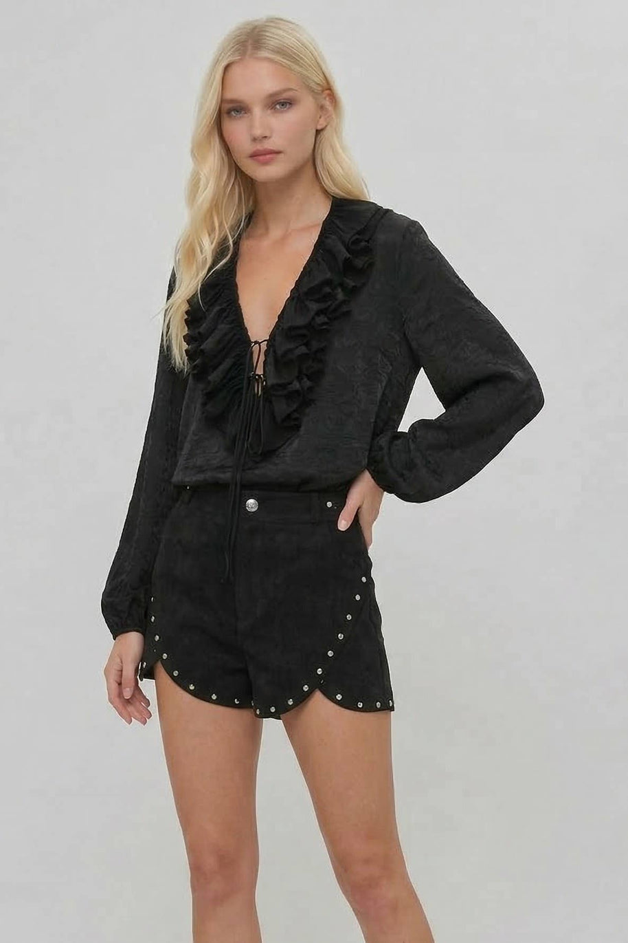 Black Heavyweight Faux Suede Studded Shorts